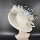 Sinamay Kentucky Derby Hat: White & Blue Feather Wide Brim
