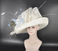 Sinamay Kentucky Derby Hat: White & Blue Feather Wide Brim
