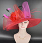 Red Fuchsia Sinamay Derby Hat: Feather Flower Tea Party Hat