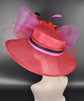 Red Fuchsia Sinamay Derby Hat: Feather Flower Tea Party Hat
