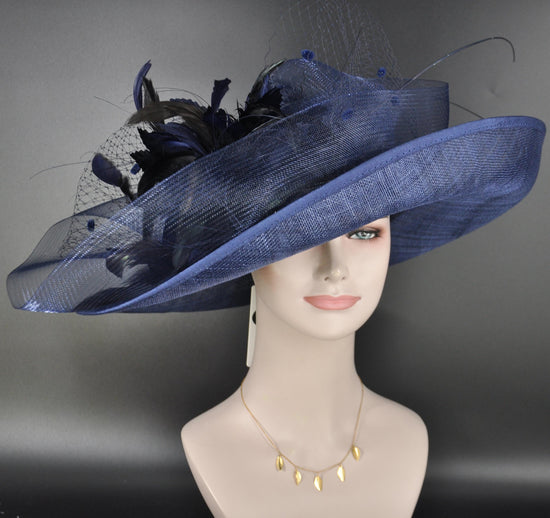 Navy Blue Kentucky Derby Hat: Feather Flower & Ostrich Quill Sinamay