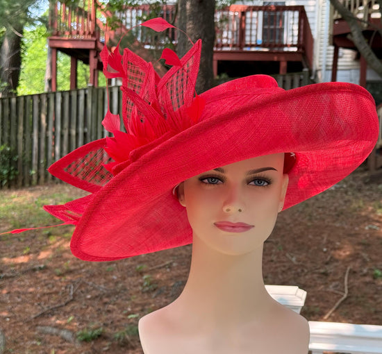 Red Sinamay Kentucky Derby Hat: Wide Brim Race Day Ascot Hat