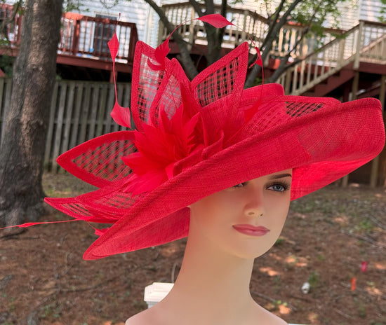 Red Sinamay Derby Hat: Wide Brim Race Day Ascot Hat