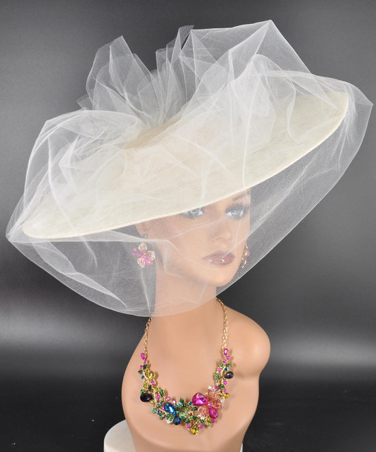 Sinamay Fascinator Hat with Tulle Veil, Kentucky Derby Millinery