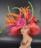 Hot Pink & Orange Green Kentucky Derby Hat  Peacock Feather Wide Brim Sinamay Straw Hat for Garden Party, Ascot,  Weddings, Tea Party