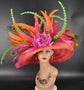 Hot Pink & Orange Green Kentucky Derby Hat  Peacock Feather Wide Brim Sinamay Straw Hat for Garden Party, Ascot,  Weddings, Tea Party