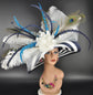 Navy Blue & White Teal Blue Kentucky Derby Hat  Peacock Feather Wide Brim Sinamay Straw Hat for Garden Party, Ascot,  Weddings, Tea Party