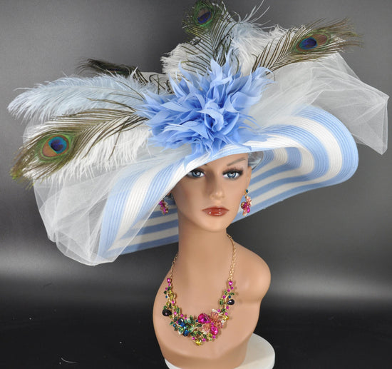Kentucky Derby Hat: Light Blue Sinamay Straw Wide Brim with Peacock Feathers