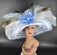 Kentucky Derby Hat: Light Blue Sinamay Straw Wide Brim with Peacock Feathers