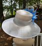 White & Light Blue Feather Kentucky Derby Hat: Wide Brim Sinamay