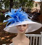 White & Light Blue Feather Kentucky Derby Hat: Wide Brim Sinamay