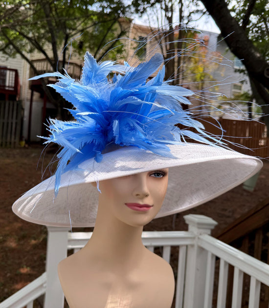 White & Light Blue Feather Kentucky Derby Hat: Wide Brim Sinamay
