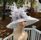 White w Silver/Gray Feather Flower Kentucky Derby Hat Tea Party Carriage Party Preakness Stakes Party Royal Ascot Wide Brim Sinamay Hat