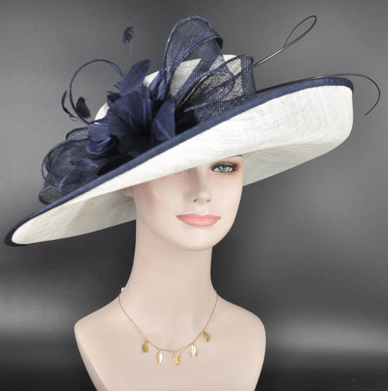 Sinamay Kentucky Derby Hat: White Wide Brim with Navy Blue
