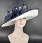 Sinamay Kentucky Derby Hat: White Wide Brim with Navy Blue