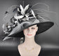 Wide Brim Sinamay Kentucky Derby Hat: Black & White Feather Church Hat