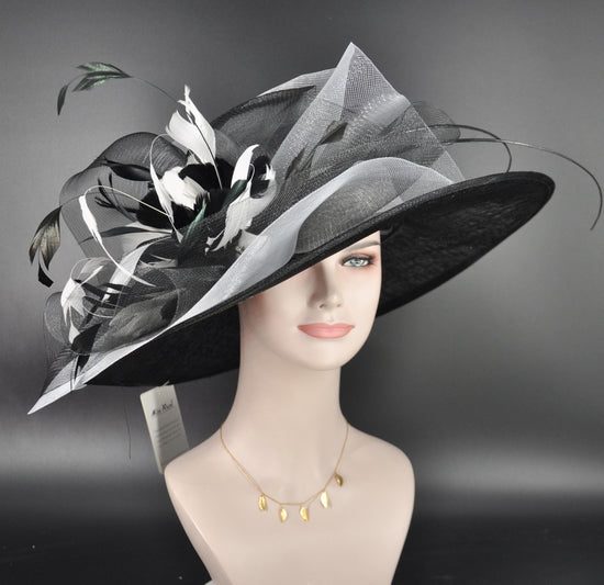 Black Sinamay Kentucky Derby Hat: Feather Flower Wide Brim