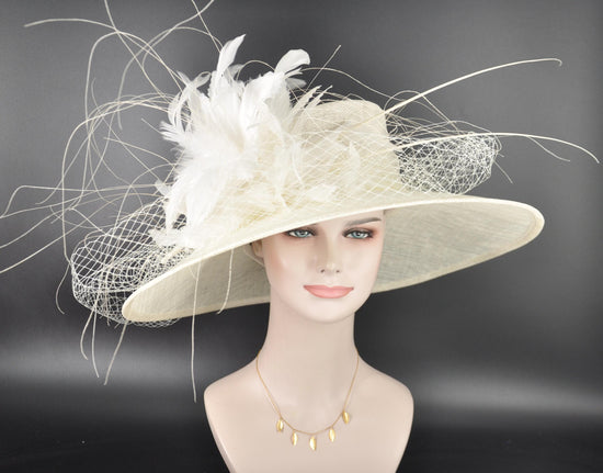 Wide Brim Off White Sinamay Hat: Kentucky Derby, Tea Party, Wedding