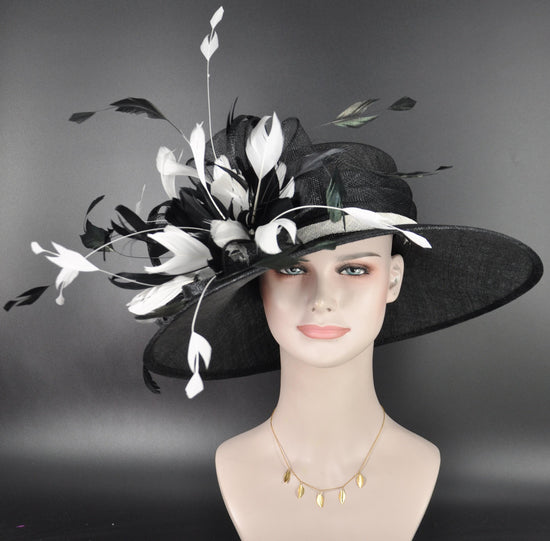 White Sinamay Kentucky Derby Hat: Wide Brim, Linen Bow & Feather