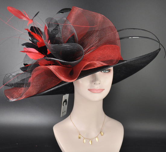 Church Kentucky Derby Hat Carriage Tea Party Wedding Royal Ascot Wide Brim Sinamay Hat Black w Red