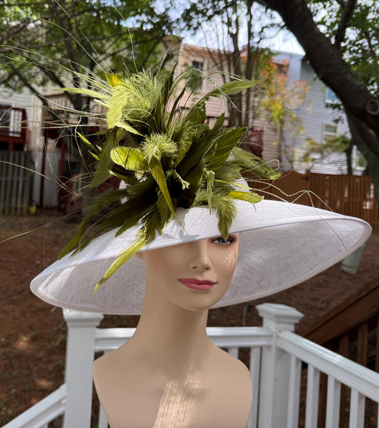 White Sinamay Kentucky Derby Hat: Feather Flower Wide Brim