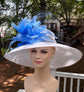 White & Light Blue Feather Kentucky Derby Hat: Wide Brim Sinamay