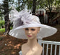 White w Silver/Gray Feather Flower Kentucky Derby Hat Tea Party Carriage Party Preakness Stakes Party Royal Ascot Wide Brim Sinamay Hat