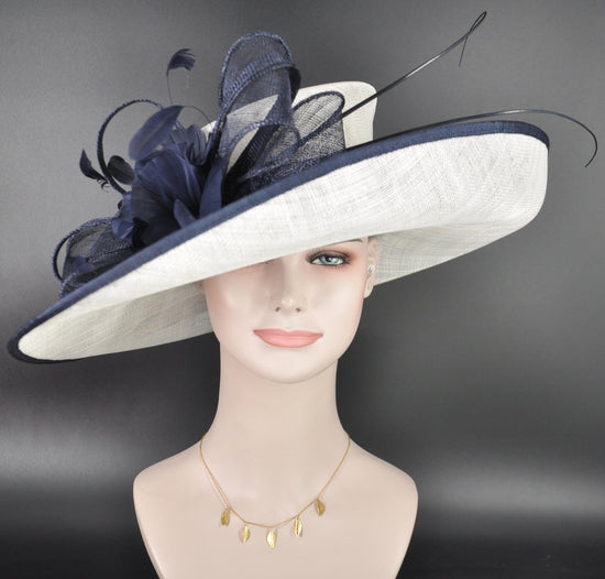 Sinamay Derby Hat: White Wide Brim with Navy Blue