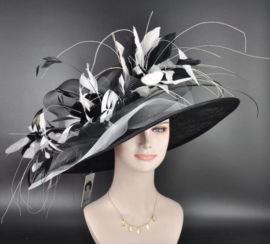 Wide Brim Sinamay Kentucky Derby Hat: Black & White Feather Church Hat
