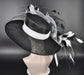 Wide Brim Sinamay Kentucky Derby Hat: Black & White Feather Church Hat