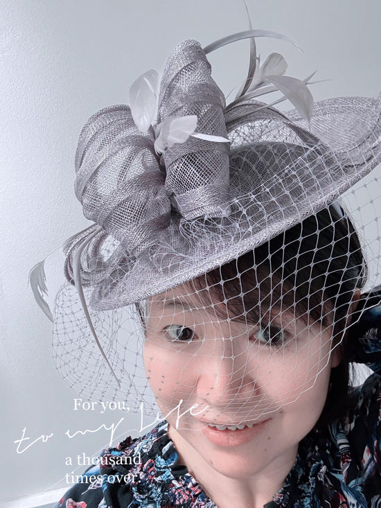 Gray Sinamay Fascinator Hat: Feather & Net Derby Hat