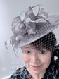 Gray Sinamay Fascinator Hat: Feather & Net Derby Hat