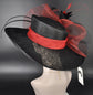 Church Kentucky Derby Hat Carriage Tea Party Wedding Royal Ascot Wide Brim Sinamay Hat Black w Red