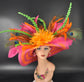 Kentucky Derby Hat: Hot Pink, Orange, Peacock Feather Sinamay Hat