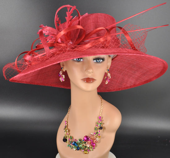 TH21009 Red Wide Brim Sinamay Hat Church Kentucky Derby Hat Carriage Tea Party Wedding  Royal Ascot Horse Race Oaks day hat