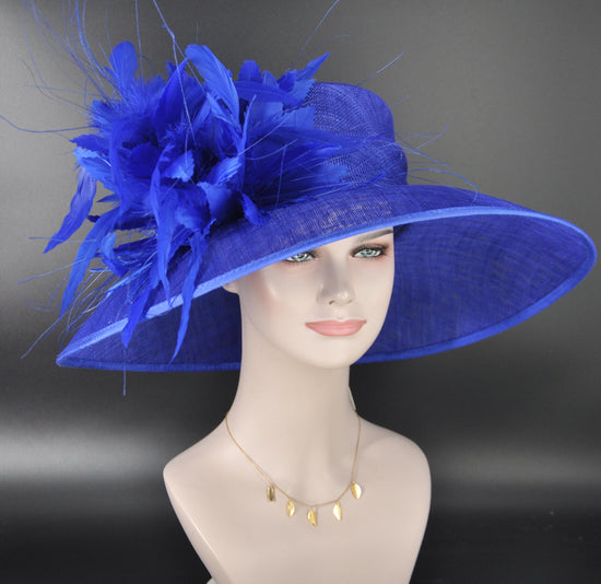 Royal Blue Kentucky Derby Hat: Feather Flowers, Wide Brim Sinamay