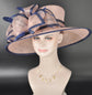 Kentucky Derby Sinamay Hat: Wide Brim Tea Party Wedding Ascot Hat Blush Pink W Navy Blue