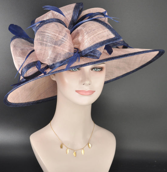 Blush Dusty Pink Navy Blue Wide Brim Kentucky Derby Hat, Ascot Hat for Wedding & Tea Party, Garden Party Hat, Mother of the Bride, Church