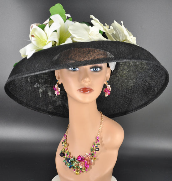 Kentucky Derby Hat: Audrey Hepburn Style Black Sinamay Wide Brim with Orchids