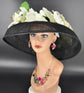 Audrey Hepburn Style Derby Hat: Black Sinamay Wide Brim with Orchids