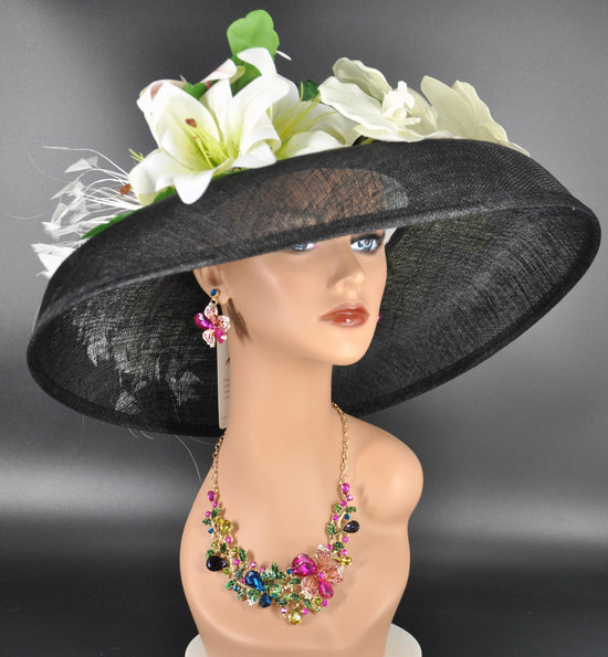 Audrey Hepburn Style Derby Hat: Black Sinamay Wide Brim with Orchids