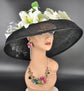 Audrey Hepburn Style Derby Hat: Black Sinamay Wide Brim with Orchids