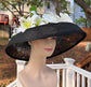 Derby Hat: Audrey Hepburn Style Black Sinamay Wide Brim with Orchids