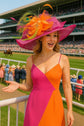 Wide Brim Sinamay Derby Hat, Fuchsia Pink, Peacock Feathers