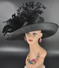 Church Kentucky Derby Hat Carriage Tea Party Wedding Wide Brim Sinamay Hat Black