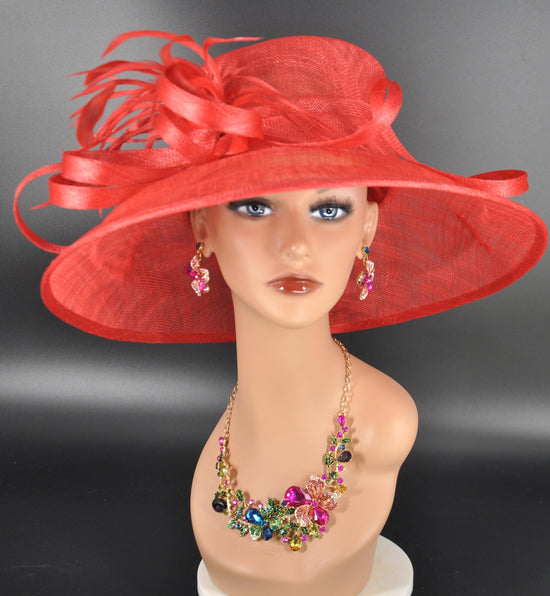 Red Derby Hat: Wide Brim Feather Ascot Hat