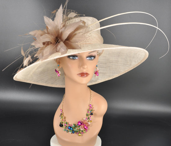 Champagne Taupe Feather Flower  Wide Brim Sinamay Hat for Kentucky Derby, Ascot Racing Hat Elegant Wedding Guest Hat,Mother of the Bride Hat