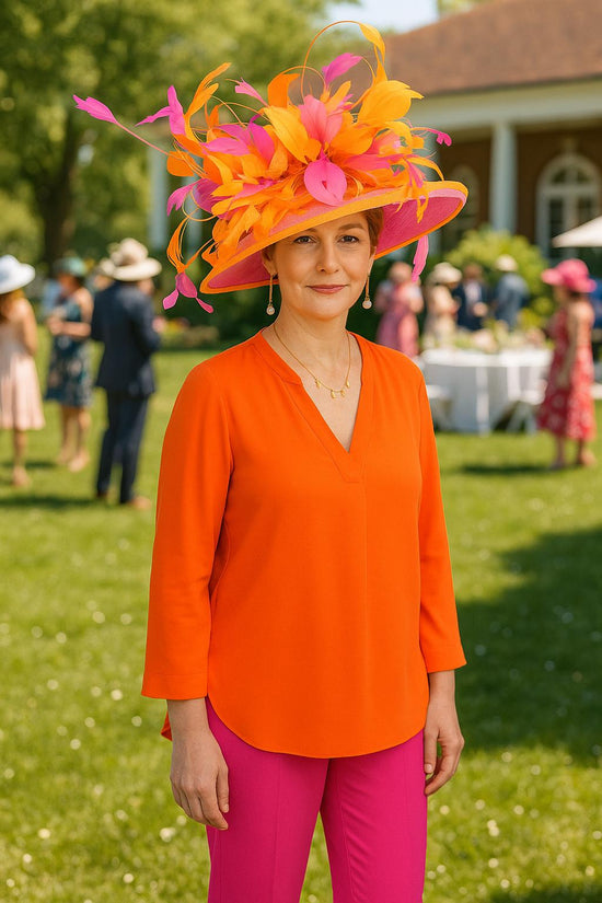 Sinamay Derby Hat: Hot Pink Feather Flower Wide Brim