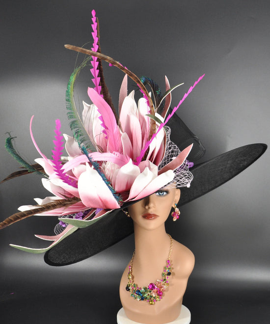Black Kentucky Derby Hat: Pink Flower, Peacock Feathers, Wide Brim