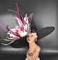 Black Kentucky Derby Hat: Pink Flower, Peacock Feathers, Wide Brim